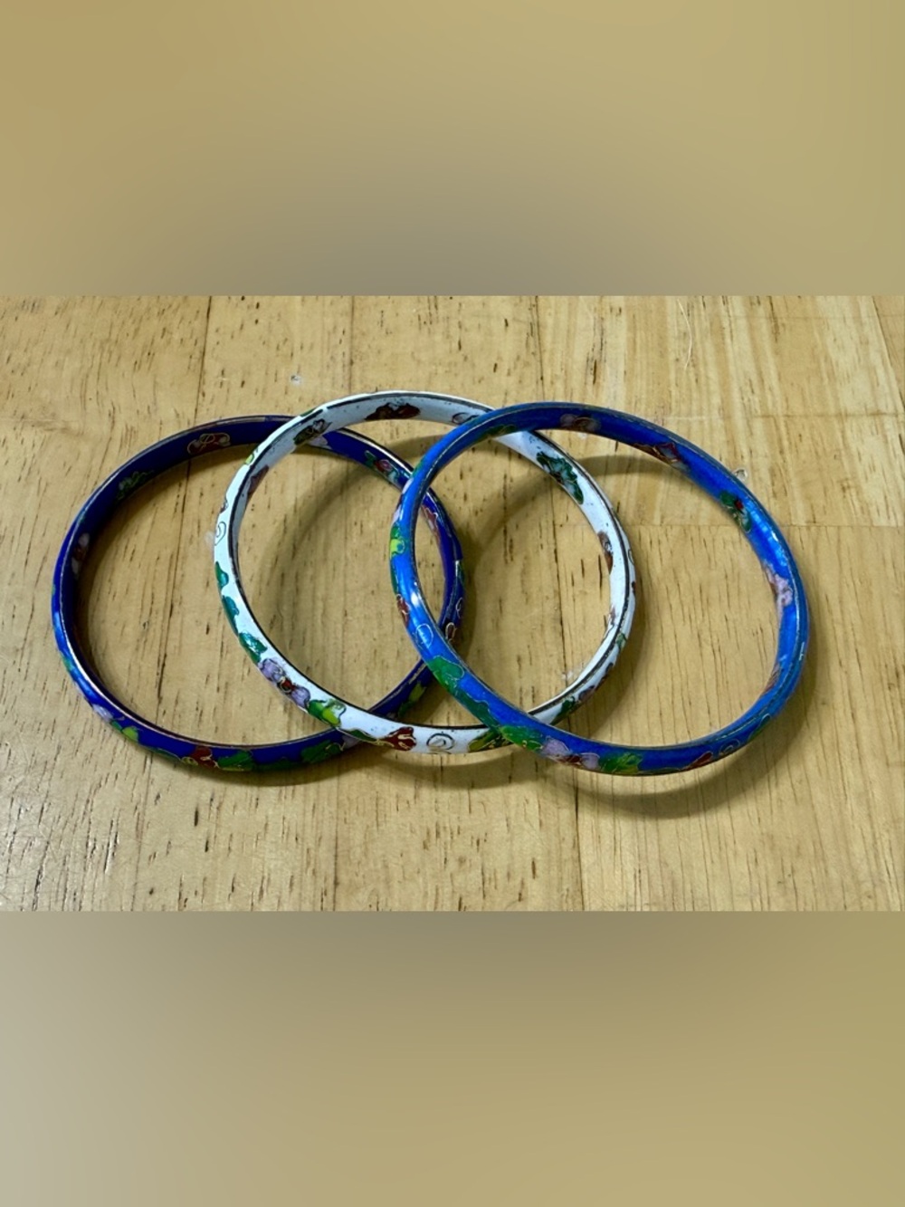3 Vintage Blue Multicolor Cloisonné Enamel Floral‎ Design Bangle Bracelets EUC